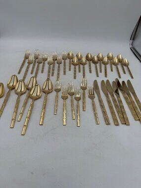 Vintage Lifetime Cutlery Gold Stainless Bamboo Flatware Japan MCM Set 40-Piece